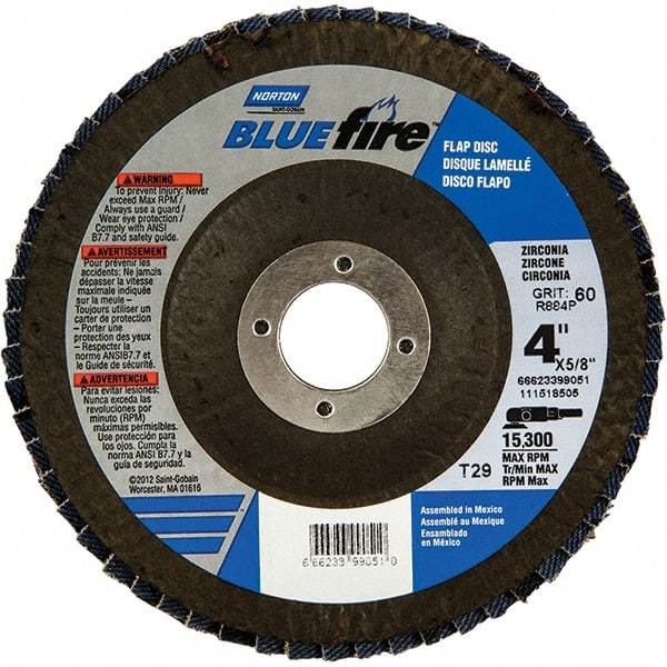Norton - 60 Grit, 4" Disc Diam, 5/8" Center Hole, Type 29 Zirconia Alumina Flap Disc - 15,300 Max RPM, Fiberglass Backing, Arbor Attaching System, Coated - Apex Tool & Supply