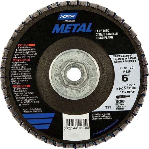 Norton - 60 Grit, 6" Disc Diam, 5/8-11 Center Hole, Type 29 Zirconia Alumina Flap Disc - 10,200 Max RPM, Fiberglass Backing, Arbor Attaching System, Coated - Apex Tool & Supply
