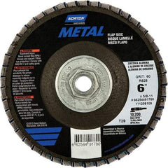 Norton - 60 Grit, 6" Disc Diam, 5/8-11 Center Hole, Type 29 Zirconia Alumina Flap Disc - 10,200 Max RPM, Fiberglass Backing, Arbor Attaching System, Coated - Apex Tool & Supply