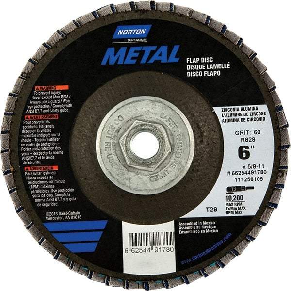 Norton - 80 Grit, 6" Disc Diam, 5/8-11 Center Hole, Type 29 Zirconia Alumina Flap Disc - 10,200 Max RPM, Fiberglass Backing, Arbor Attaching System, Coated - Apex Tool & Supply