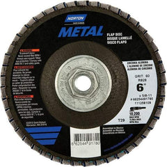 Norton - 80 Grit, 6" Disc Diam, 5/8-11 Center Hole, Type 29 Zirconia Alumina Flap Disc - 10,200 Max RPM, Fiberglass Backing, Arbor Attaching System, Coated - Apex Tool & Supply