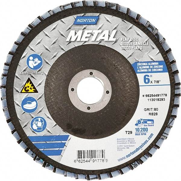 Norton - 80 Grit, 6" Disc Diam, 7/8" Center Hole, Type 29 Zirconia Alumina Flap Disc - 10,200 Max RPM, Fiberglass Backing, Arbor Attaching System, Coated - Apex Tool & Supply