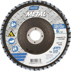 Norton - 80 Grit, 6" Disc Diam, 7/8" Center Hole, Type 29 Zirconia Alumina Flap Disc - 10,200 Max RPM, Fiberglass Backing, Arbor Attaching System, Coated - Apex Tool & Supply