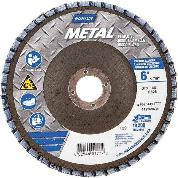 Norton - 60 Grit, 6" Disc Diam, 7/8" Center Hole, Type 29 Zirconia Alumina Flap Disc - 10,200 Max RPM, Fiberglass Backing, Arbor Attaching System, Coated - Apex Tool & Supply