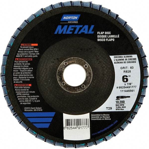 Norton - 40 Grit, 6" Disc Diam, 7/8" Center Hole, Type 29 Zirconia Alumina Flap Disc - 10,200 Max RPM, Fiberglass Backing, Arbor Attaching System, Coated - Apex Tool & Supply