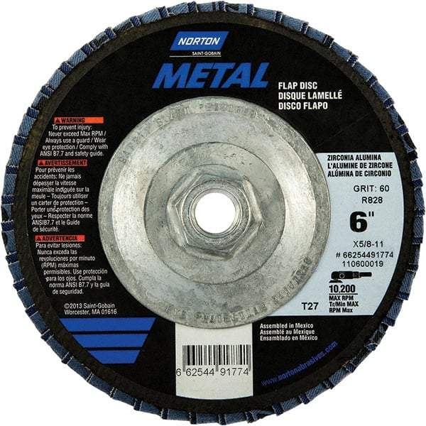 Norton - 80 Grit, 6" Disc Diam, 5/8-11 Center Hole, Type 27 Zirconia Alumina Flap Disc - 10,200 Max RPM, Fiberglass Backing, Arbor Attaching System, Coated - Apex Tool & Supply