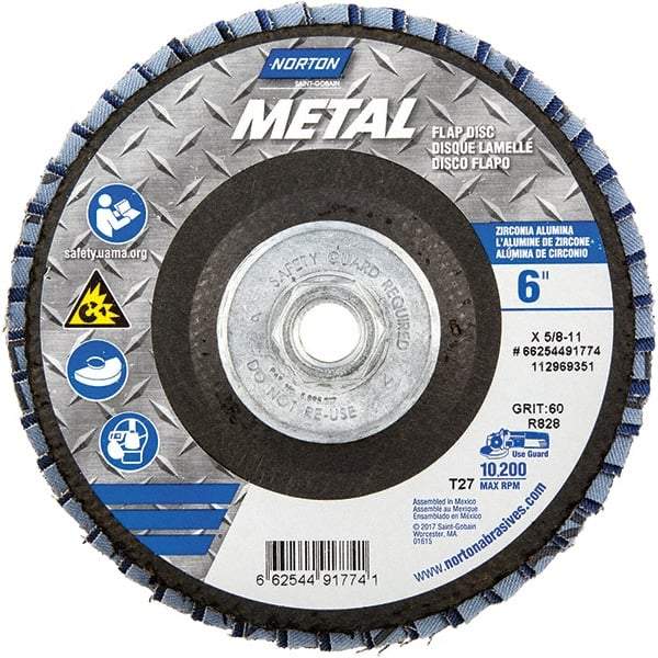 Norton - 60 Grit, 6" Disc Diam, 5/8-11 Center Hole, Type 27 Zirconia Alumina Flap Disc - 10,200 Max RPM, Fiberglass Backing, Arbor Attaching System, Coated - Apex Tool & Supply