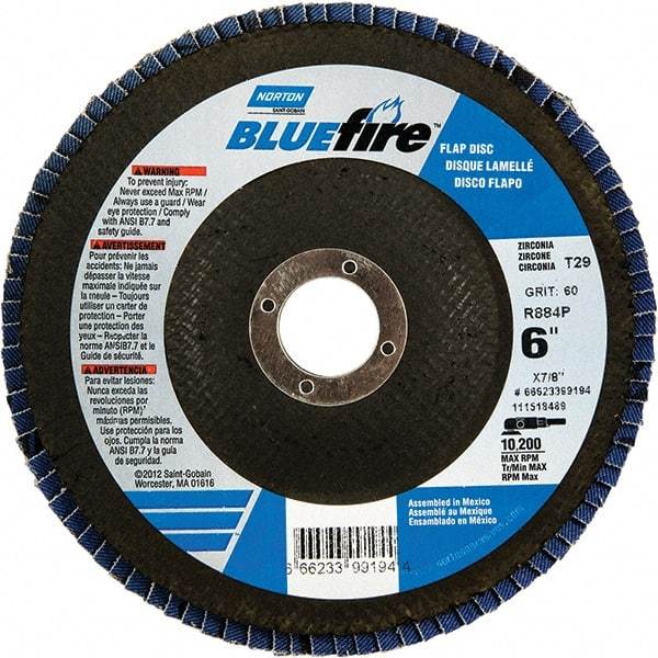 Norton - 40 Grit, 6" Disc Diam, 7/8" Center Hole, Type 29 Zirconia Alumina Flap Disc - 10,200 Max RPM, Fiberglass Backing, Arbor Attaching System, Coated - Apex Tool & Supply