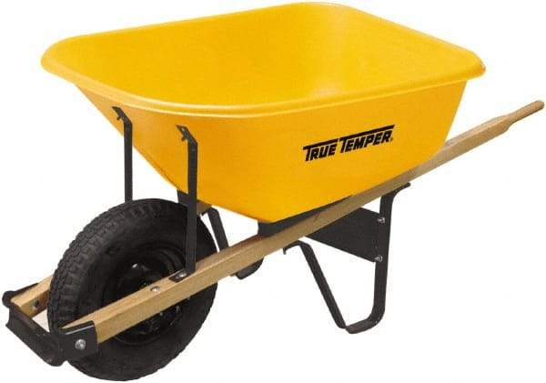 True Temper - 6 Cu Ft Capacity Wheelbarrow with 16" Pneumatic Wheel - Hardwood Handle, 60" Long x 30" Wide x 27" High, Yellow - Apex Tool & Supply