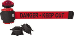 Banner Stakes - 7" High x 30' Long x 2" Wide Magnetic Wall Mount Barrier - Plastic & Polyester, Matte Finish, Red, Used As Is - Apex Tool & Supply