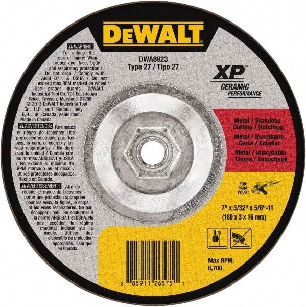 DeWALT - 7" Wheel Diam, 3/32" Wheel Thickness, 5/8" Arbor Hole, Type 27 Depressed Center Wheel - Fine/Coarse Grade, Ceramic, 8,700 Max RPM - Apex Tool & Supply