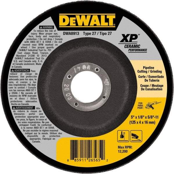 DeWALT - 5" Wheel Diam, 1/8" Wheel Thickness, 5/8" Arbor Hole, Type 27 Depressed Center Wheel - Fine/Coarse Grade, Ceramic, 12,200 Max RPM - Apex Tool & Supply