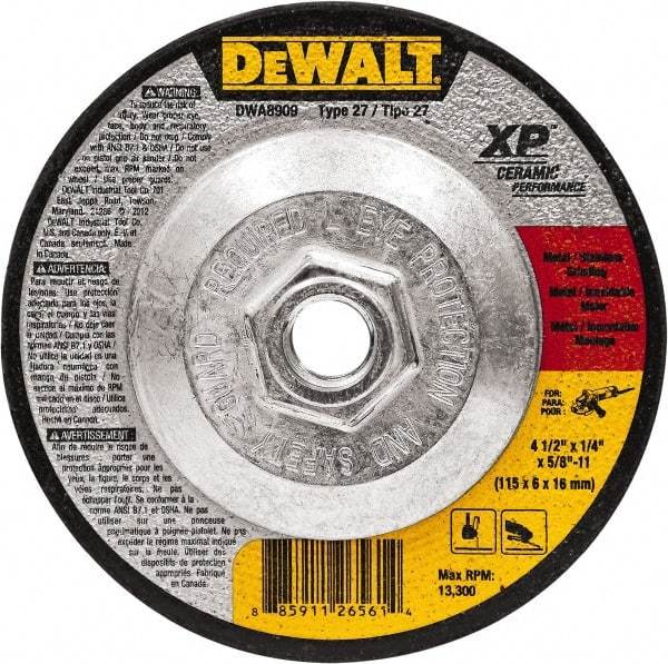 DeWALT - 4-1/2" Wheel Diam, 1/4" Wheel Thickness, 5/8" Arbor Hole, Type 27 Depressed Center Wheel - Fine/Coarse Grade, Ceramic, 13,300 Max RPM - Apex Tool & Supply