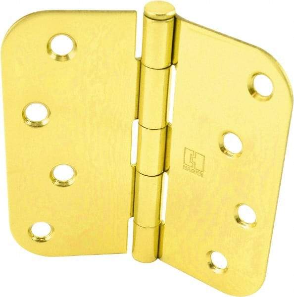 Hager - 4" Wide x 4" High 5/8 Radius Residential Hinge - Round Edge, Steel, Bright Brass Finish - Apex Tool & Supply