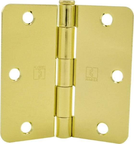 Hager - 3-1/2" Wide x 3-1/2" High 1/4 Radius Residential Hinge - Round Edge, Steel, Bright Brass Finish - Apex Tool & Supply