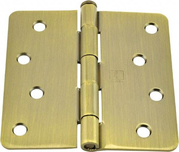 Hager - 4" Wide x 4" High 1/4 Radius Residential Hinge - Round Edge, Steel, Antique Brass Finish - Apex Tool & Supply