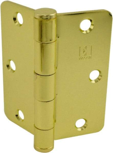 Hager - 3-1/2" Wide x 3-1/2" High Standard Weight Plain Bearing Residential Hinge - Round Edge, Steel, Bright Brass Finish - Apex Tool & Supply