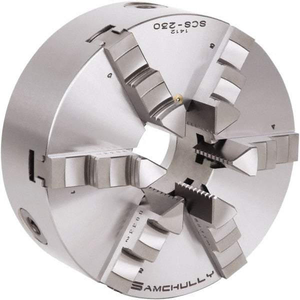 Samchully - 6 Jaw, 232mm Diam, Self Centering Manual Lathe Chuck - Plain Back Mount, Adjustable, 75mm Through Hole Diam, Forged Steel - Apex Tool & Supply