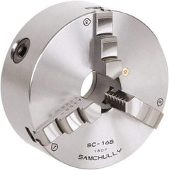 Samchully - 3 Jaw, 130mm Diam, Self Centering Manual Lathe Chuck - Rear Mount, Adjustable, 34mm Through Hole Diam, Forged Steel - Apex Tool & Supply