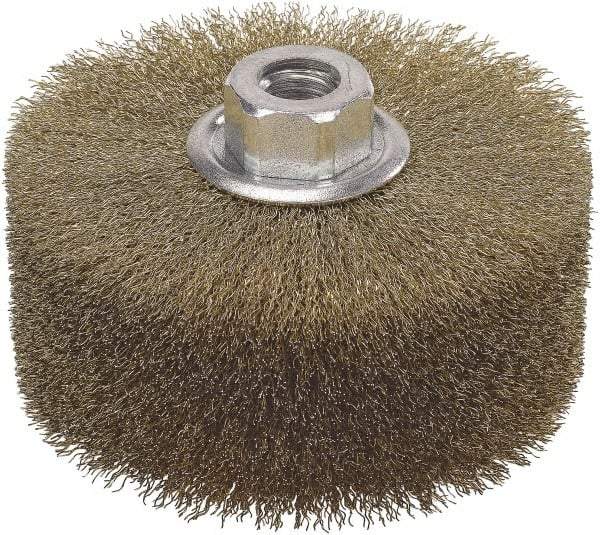 WALTER Surface Technologies - 4-1/2" OD, 5/8-11 Arbor Hole, Crimped Steel Wheel Brush - 2" Face Width, 1" Trim Length, 0.01" Filament Diam, 4,000 RPM - Apex Tool & Supply