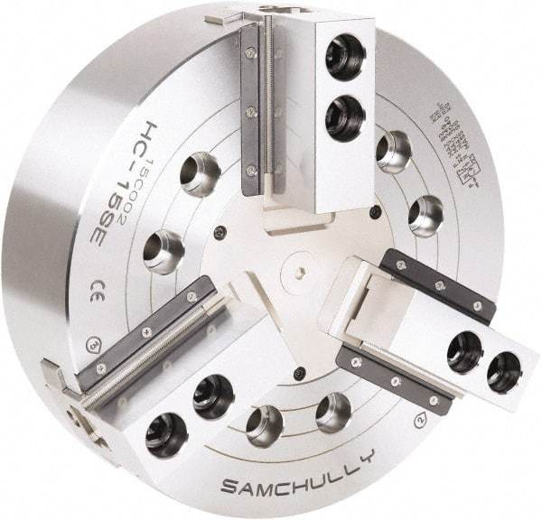 Samchully - 3 Jaw, 530mm Chuck Diam, Plain Back Mount, 0mm Through Hole Diam, Drawbar Hydraulic Power Lathe Chuck - 3mm x 60° Serrated Jaw Interface, 1,940 RPM, Steel Body - Apex Tool & Supply