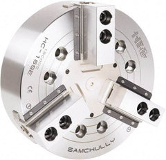 Samchully - 3 Jaw, 530mm Chuck Diam, Plain Back Mount, 0mm Through Hole Diam, Drawbar Hydraulic Power Lathe Chuck - 3mm x 60° Serrated Jaw Interface, 1,940 RPM, Steel Body - Apex Tool & Supply