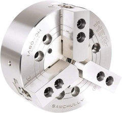 Samchully - 3 Jaw, 110mm Chuck Diam, Plain Back Mount, 0mm Through Hole Diam, Drawbar Hydraulic Power Lathe Chuck - 1.5mm x 60° Serrated Jaw Interface, 6,000 RPM, Steel Body - Apex Tool & Supply