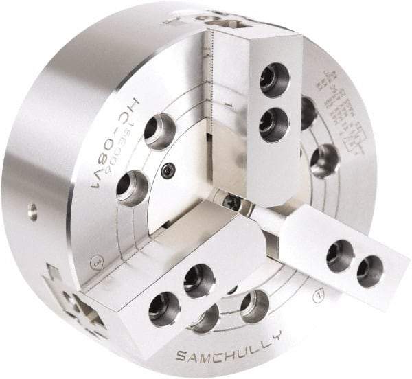 Samchully - 3 Jaw, 1250mm Chuck Diam, Plain Back Mount, 0mm Through Hole Diam, Drawbar Hydraulic Power Lathe Chuck - Tongue & Groove Jaw Interface, 500 RPM, Steel Body - Apex Tool & Supply