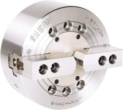 Samchully - 2 Jaw, 304mm Chuck Diam, Plain Back Mount, 0mm Through Hole Diam, Drawbar Hydraulic Power Lathe Chuck - 1.5mm x 60° Serrated Jaw Interface, 3,000 RPM, Steel Body - Apex Tool & Supply