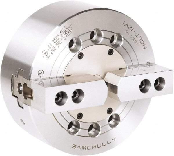 Samchully - 2 Jaw, 165mm Chuck Diam, Plain Back Mount, 0mm Through Hole Diam, Drawbar Hydraulic Power Lathe Chuck - 1.5mm x 60° Serrated Jaw Interface, 4,300 RPM, Steel Body - Apex Tool & Supply