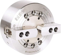 Samchully - 2 Jaw, 304mm Chuck Diam, Plain Back Mount, 0mm Through Hole Diam, Drawbar Hydraulic Power Lathe Chuck - 1.5mm x 60° Serrated Jaw Interface, 2,500 RPM, Steel Body - Apex Tool & Supply