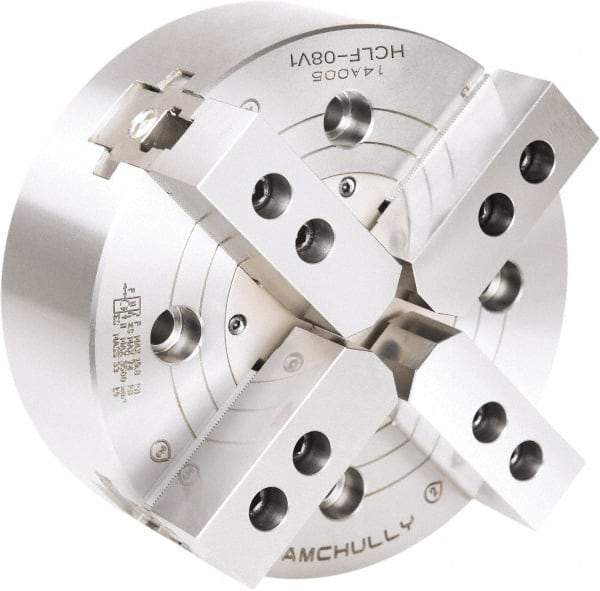 Samchully - 4 Jaw, 304mm Chuck Diam, Plain Back Mount, 0mm Through Hole Diam, Drawbar Hydraulic Power Lathe Chuck - 1.5mm x 60° Serrated Jaw Interface, 2,500 RPM, Steel Body - Apex Tool & Supply