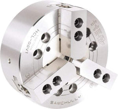 Samchully - 3 Jaw, 304mm Chuck Diam, Plain Back Mount, 0mm Through Hole Diam, Drawbar Hydraulic Power Lathe Chuck - 1.5mm x 60° Serrated Jaw Interface, 2,500 RPM, Steel Body - Apex Tool & Supply
