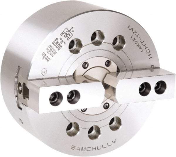Samchully - 2 Jaw, 381mm Chuck Diam, Plain Back Mount, 0mm Through Hole Diam, Drawtube Hydraulic Power Lathe Chuck - 1.5mm x 60° Serrated Jaw Interface, 2,500 RPM, Steel Body - Apex Tool & Supply