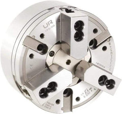 Samchully - 3 Jaw, 175mm Chuck Diam, Plain Back Mount, 56mm Through Hole Diam, Drawtube Hydraulic Power Lathe Chuck - 1/16" x 90° Serrated Jaw Interface, 6,000 RPM, Steel Body - Apex Tool & Supply