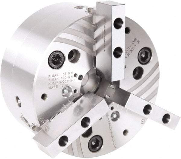 Samchully - 3 Jaw, 260mm Chuck Diam, Plain Back Mount, 81mm Through Hole Diam, Drawtube Hydraulic Power Lathe Chuck - Tongue & Groove Jaw Interface, 4,000 RPM, Steel Body - Apex Tool & Supply