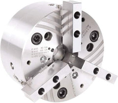 Samchully - 3 Jaw, 260mm Chuck Diam, Plain Back Mount, 81mm Through Hole Diam, Drawtube Hydraulic Power Lathe Chuck - Tongue & Groove Jaw Interface, 4,000 RPM, Steel Body - Apex Tool & Supply