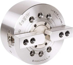 Samchully - 2 Jaw, 175mm Chuck Diam, Plain Back Mount, 52mm Through Hole Diam, Drawtube Hydraulic Power Lathe Chuck - 1.5mm x 60° Serrated Jaw Interface, 6,000 RPM, Steel Body - Apex Tool & Supply