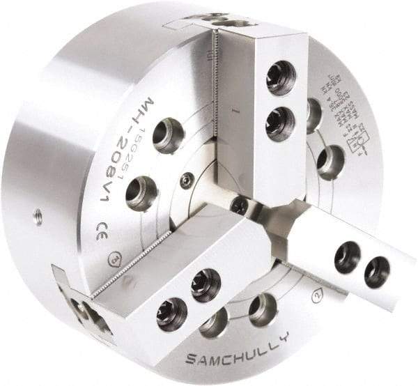 Samchully - 3 Jaw, 210mm Chuck Diam, Plain Back Mount, 66mm Through Hole Diam, Drawtube Hydraulic Power Lathe Chuck - 1.5mm x 60° Serrated Jaw Interface, 5,000 RPM, Steel Body - Apex Tool & Supply