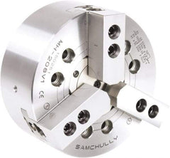 Samchully - 3 Jaw, 175mm Chuck Diam, Plain Back Mount, 52mm Through Hole Diam, Drawtube Hydraulic Power Lathe Chuck - 1.5mm x 60° Serrated Jaw Interface, 6,000 RPM, Steel Body - Apex Tool & Supply