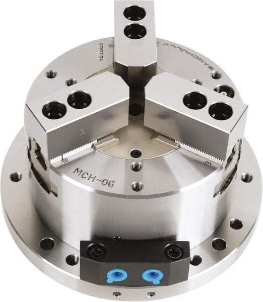 Samchully - 3 Jaw, 210mm Chuck Diam, Plain Back Mount, 0mm Through Hole Diam, Self-Contained Hydraulic Power Lathe Chuck - 1.5mm x 60° Serrated Jaw Interface, Steel Body - Apex Tool & Supply