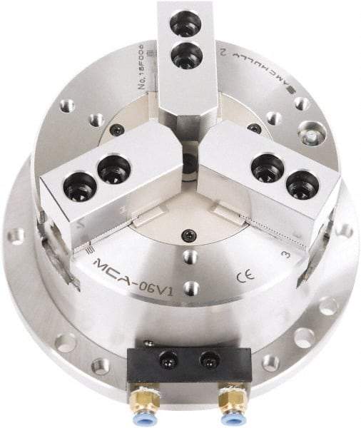 Samchully - 3 Jaw, 203mm Chuck Diam, Plain Back Mount, 0mm Through Hole Diam, Self-Contained Air Power Lathe Chuck - 1.5mm x 60° Serrated Jaw Interface, Steel Body - Apex Tool & Supply