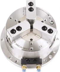 Samchully - 3 Jaw, 148mm Chuck Diam, Plain Back Mount, 0mm Through Hole Diam, Self-Contained Air Power Lathe Chuck - 1.5mm x 60° Serrated Jaw Interface, Steel Body - Apex Tool & Supply
