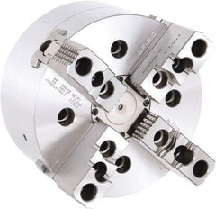Samchully - 4 Jaw, 381mm Chuck Diam, Plain Back Mount, 0mm Through Hole Diam, Drawbar Hydraulic Power Lathe Chuck - 1.5mm x 60° Serrated Jaw Interface, 2,100 RPM, Steel Body - Apex Tool & Supply