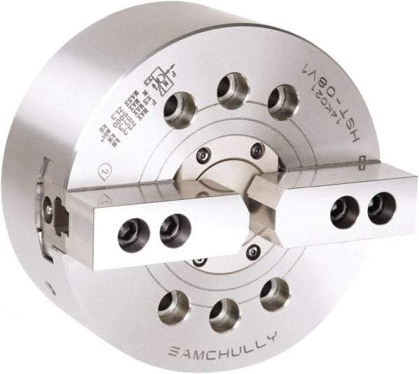 Samchully - 2 Jaw, 254mm Chuck Diam, Plain Back Mount, 77mm Through Hole Diam, Drawtube Hydraulic Power Lathe Chuck - 1.5mm x 60° Serrated Jaw Interface, 4,200 RPM, Steel Body - Apex Tool & Supply