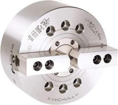 Samchully - 2 Jaw, 254mm Chuck Diam, Plain Back Mount, 77mm Through Hole Diam, Drawtube Hydraulic Power Lathe Chuck - 1.5mm x 60° Serrated Jaw Interface, 4,200 RPM, Steel Body - Apex Tool & Supply