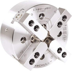 Samchully - 4 Jaw, 254mm Chuck Diam, Plain Back Mount, 77mm Through Hole Diam, Drawtube Hydraulic Power Lathe Chuck - 1.5mm x 60° Serrated Jaw Interface, 4,200 RPM, Steel Body - Apex Tool & Supply