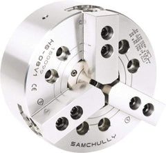 Samchully - 3 Jaw, 304mm Chuck Diam, Plain Back Mount, 91mm Through Hole Diam, Drawtube Hydraulic Power Lathe Chuck - 1.5mm x 60° Serrated Jaw Interface, 3,300 RPM, Steel Body - Apex Tool & Supply