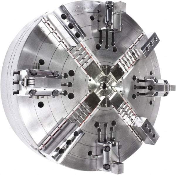 Samchully - 4 Jaw, 1400mm Chuck Diam, Plain Back Mount, 0mm Through Hole Diam, Drawbar Hydraulic Power Lathe Chuck - Tongue & Groove Jaw Interface, 400 RPM, Steel Body - Apex Tool & Supply