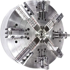 Samchully - 4 Jaw, 1400mm Chuck Diam, Plain Back Mount, 0mm Through Hole Diam, Drawbar Hydraulic Power Lathe Chuck - Tongue & Groove Jaw Interface, 400 RPM, Steel Body - Apex Tool & Supply